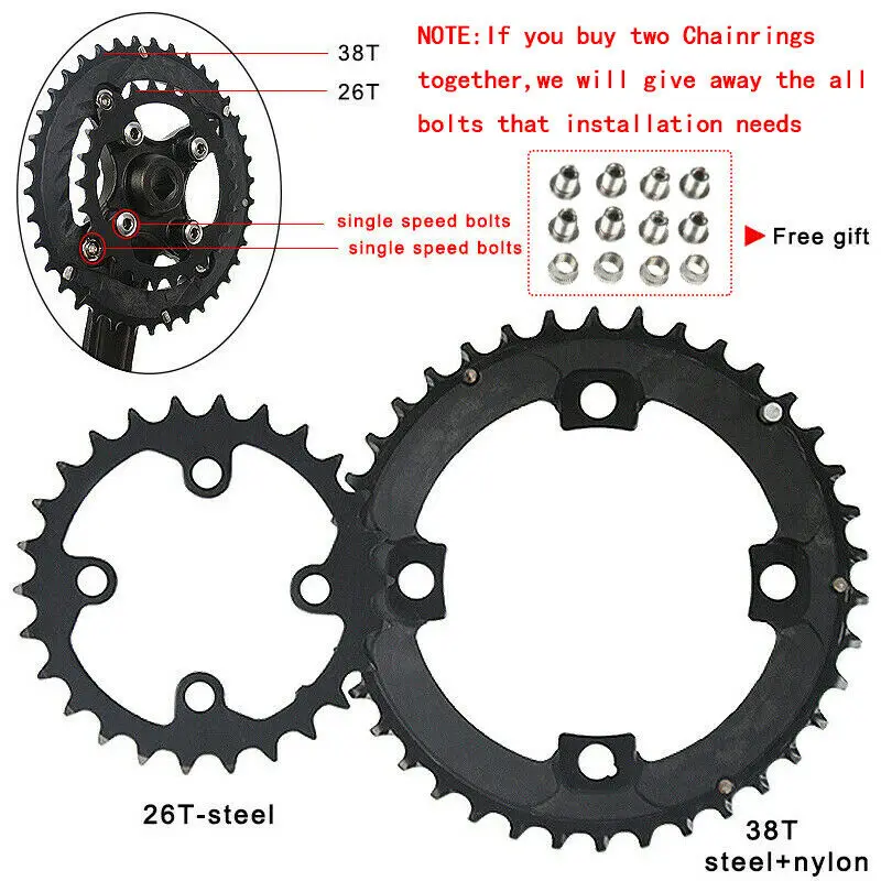 104/64 bcd自転車ギア24/26/32/38/42t mtbチェーンリングダブル