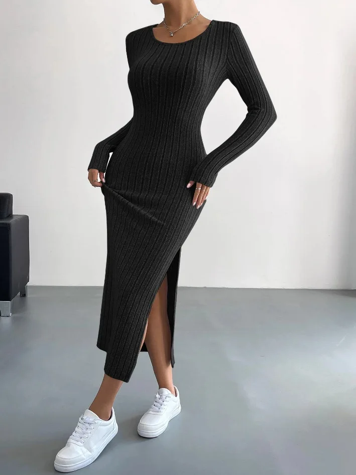 Autumn And Winter Casual Large Size Knitted Dress For Women Sexy Slim Elegant Retro Long Skirt Long Sleeve Round Neck Slit Dress