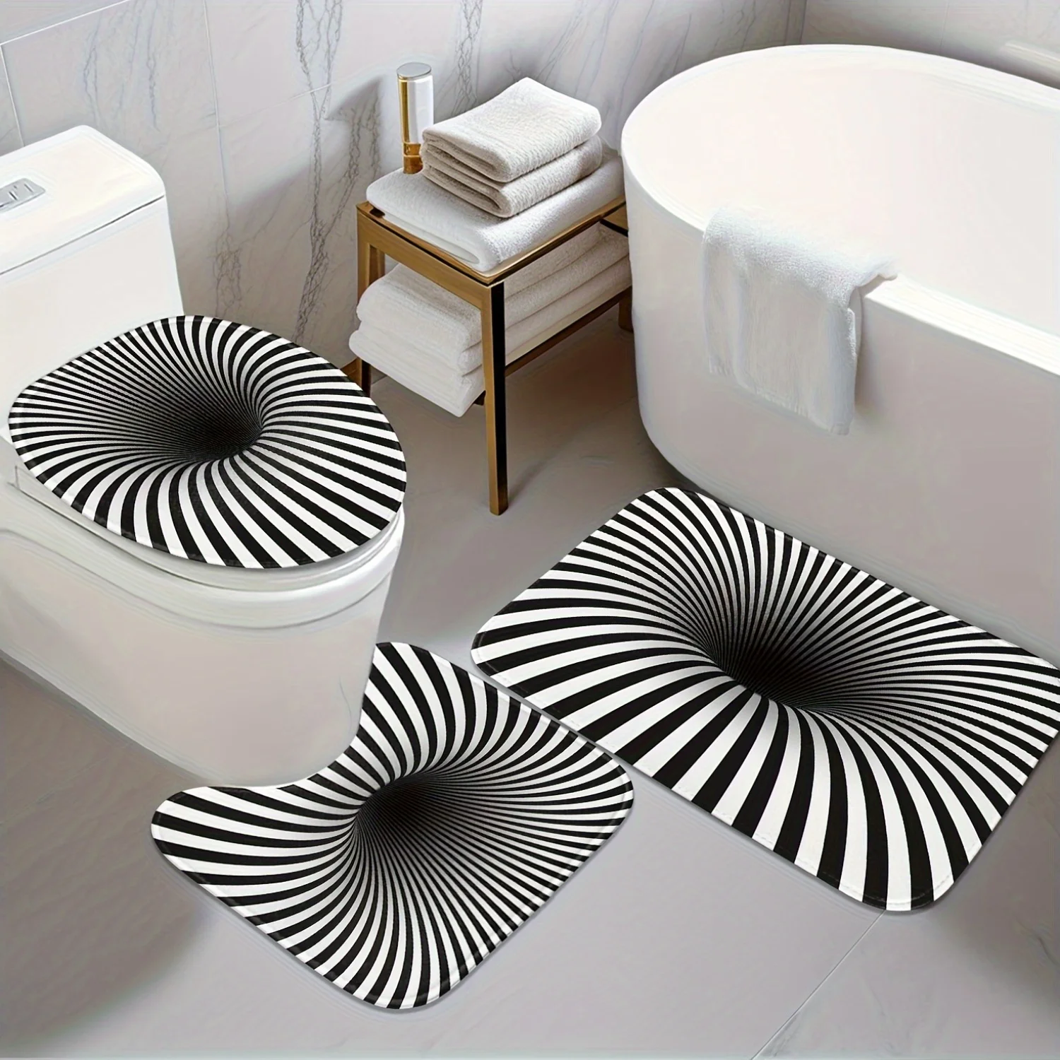 

3pcs Black and White Striped Optical Illusion Bathroom Mat Set - Non-Slip, Contour Design, Toilet Lid Covers for Bathroom Decor,