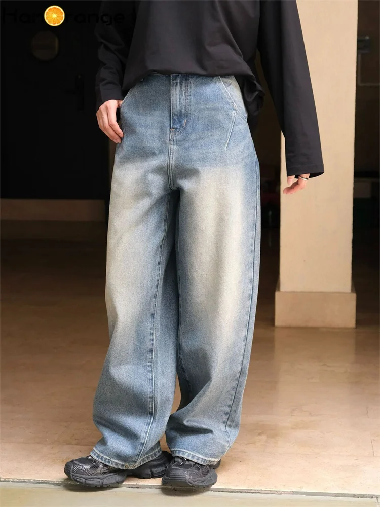 

HanOrange 2024 Autumn Winter Fashion Retro Waxed Smooth Jeans Women Loose Wide Leg Denim Trousers Vintage Blue