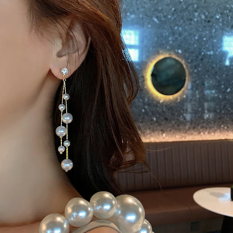 Korean Jewelry Elegant Simulated Pearls Long Dangle Earrings For Women  Vintage White Round Pearl Wedding  Earrings Gift