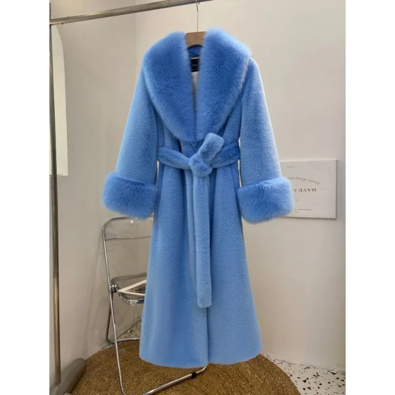 Women Faux Fox Fur Collar 2023 New Fur Coat Fashion Long Imitation Marten Overcoat Female Winter Loose Large Size 6XL Warm Parka