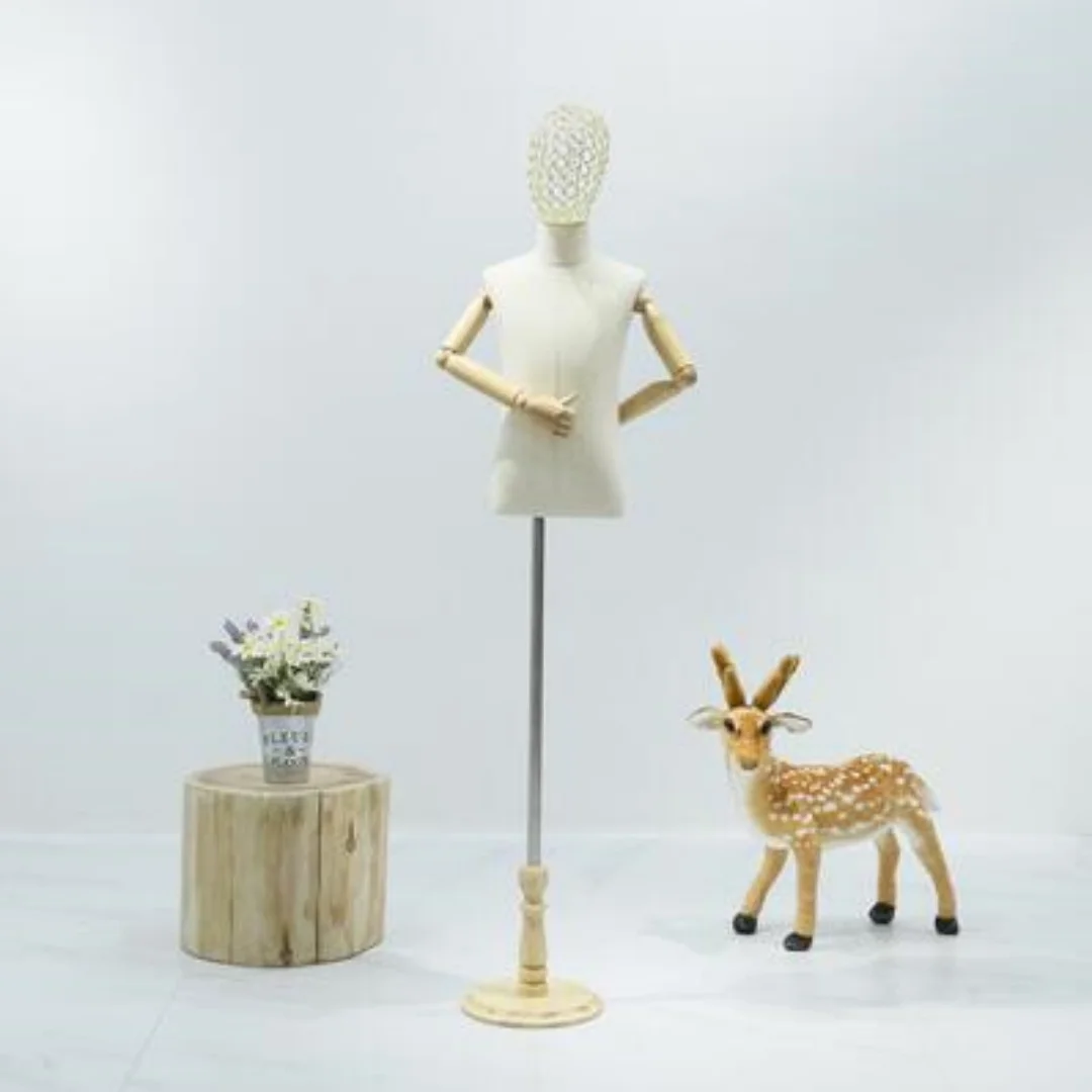 

4Year Children's Sewing Cloth Mannequin Body, Half-style Models Props,White Lince Fabric, Wood Disc Base,Wood Hand D400