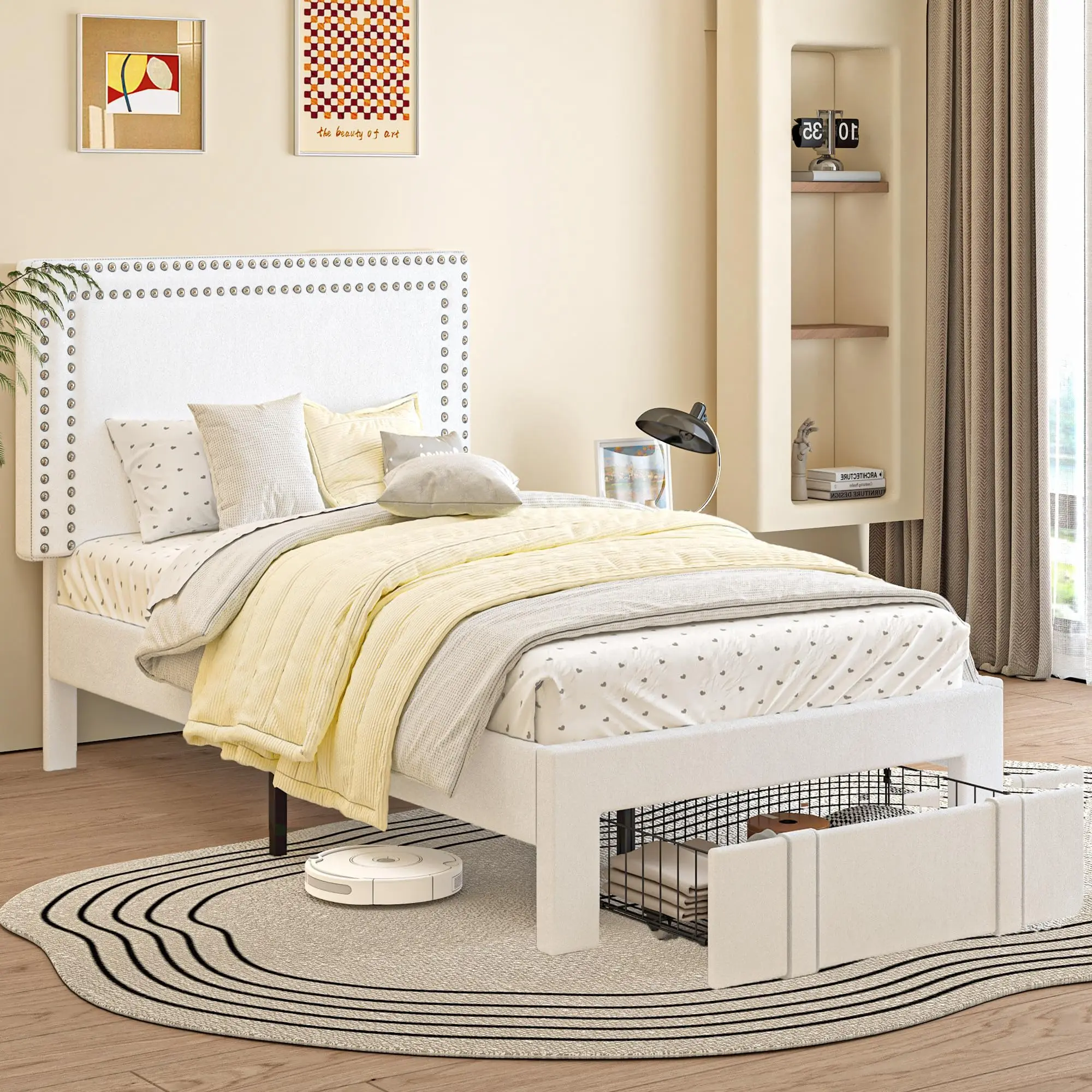 Twin Size Upholstered Bed Frame with Storage Drawer, Adjustable Velvet Rivet Decor Headboard, Wooden Slats Platform