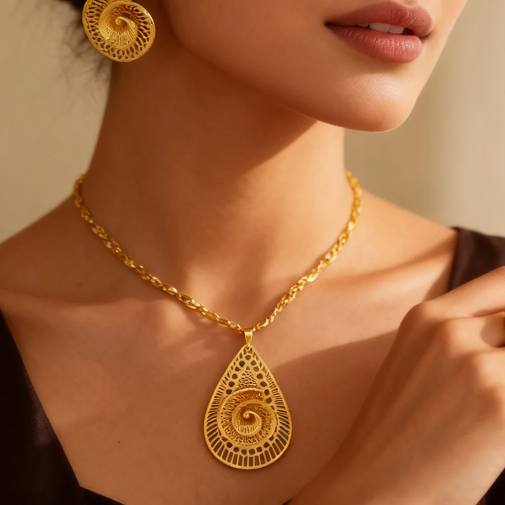 Vergoldetes Edelstahl-Halsketten- und Ohrring-Set für Damen, Modischer Persönlichkeits-Schmuck, Einfache Halsketten und Ohrringe als Geschenk – Detail 11