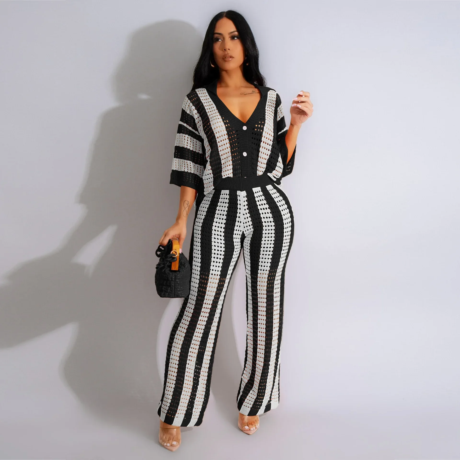 Matching Sets Two Pieces Hollow Out Knitted Striped Sweaters V Neck Loose Wide Leg Pants Pockets  Women Tracksuit Casual