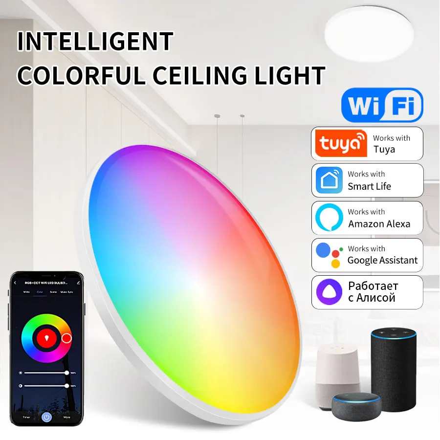 

24W 220V Tuya WiFi RGB Smart Ceiling Light APP Connect Alexa Google Home Voice Control Black/White LED Round Lighting Fixture