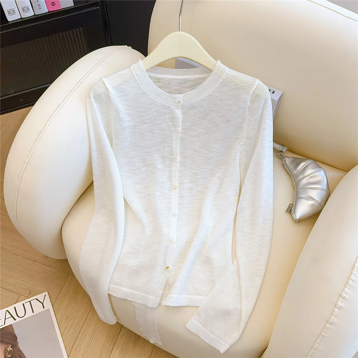 Cárdigan de punto de manga larga con cordones para mujer, estilo francés elegante, fino, Color sólido, cuello redondo, prendas de punto versátiles, Tops informales