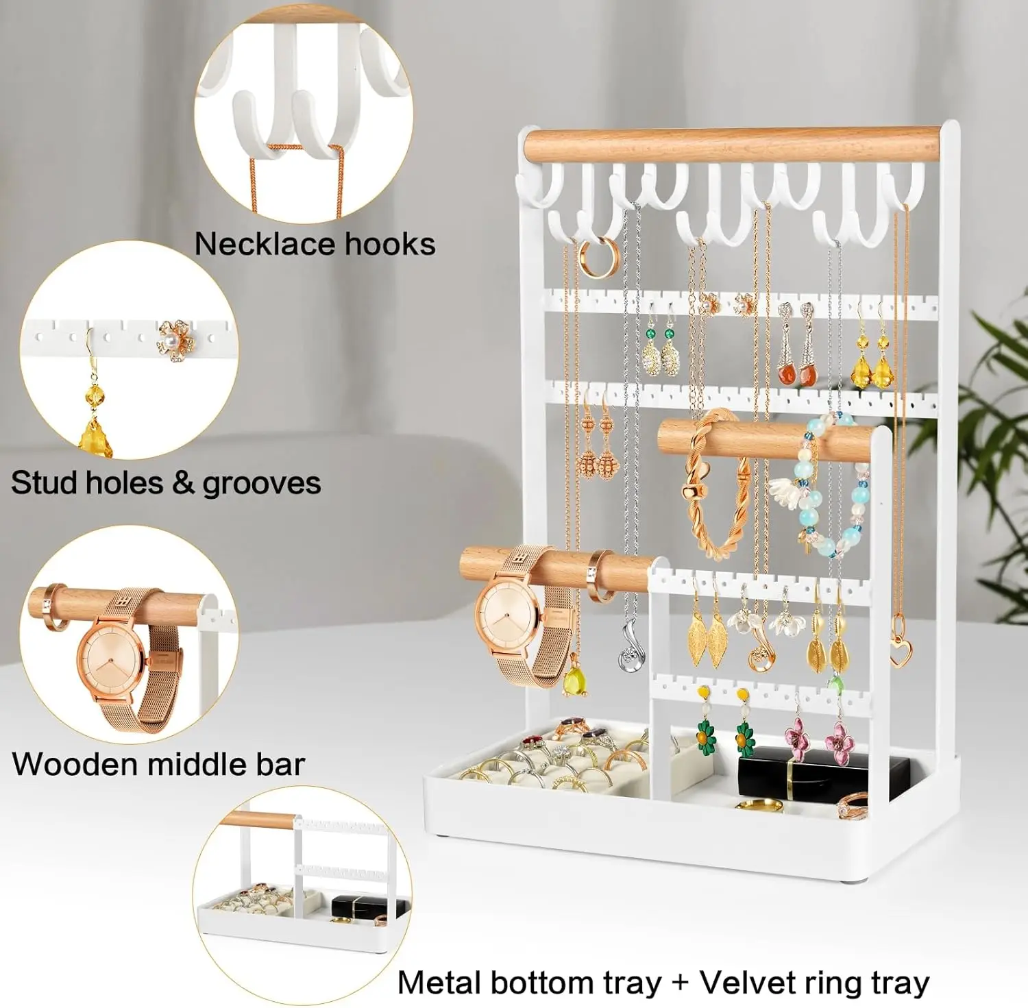 Jewelry Organizer Necklace Holder, 6-Tier Earring Display Rack with 12 Hooks for Bracelets, Rings, Watches