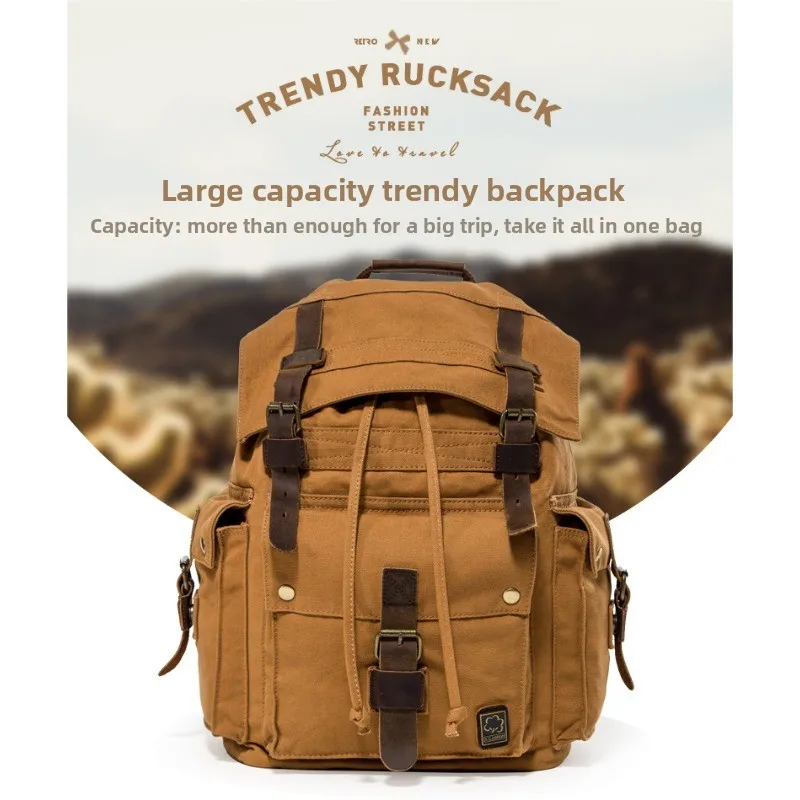 

Retro canvas backpack, casual and waterproof, double-shoulder style schoolbag, fashionable and large-capacity outdoor travel bag