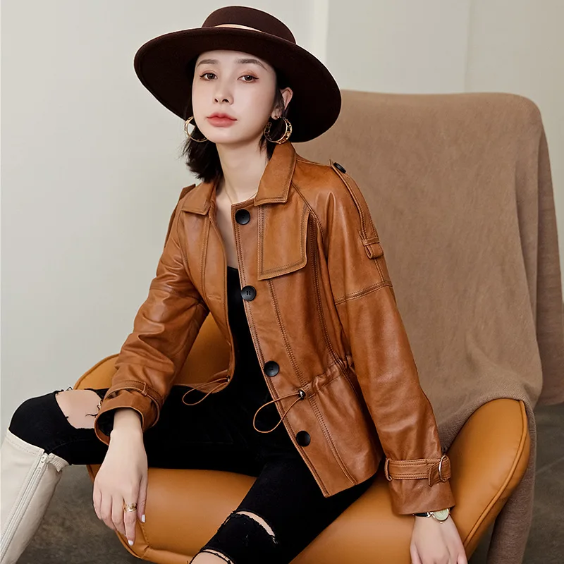 Natural Sheepskin Coat Women Lapel Single-Breasted Short Leather Jacket Korean Fashion Waist Closing Slim Chaquetas Bikers Mujer