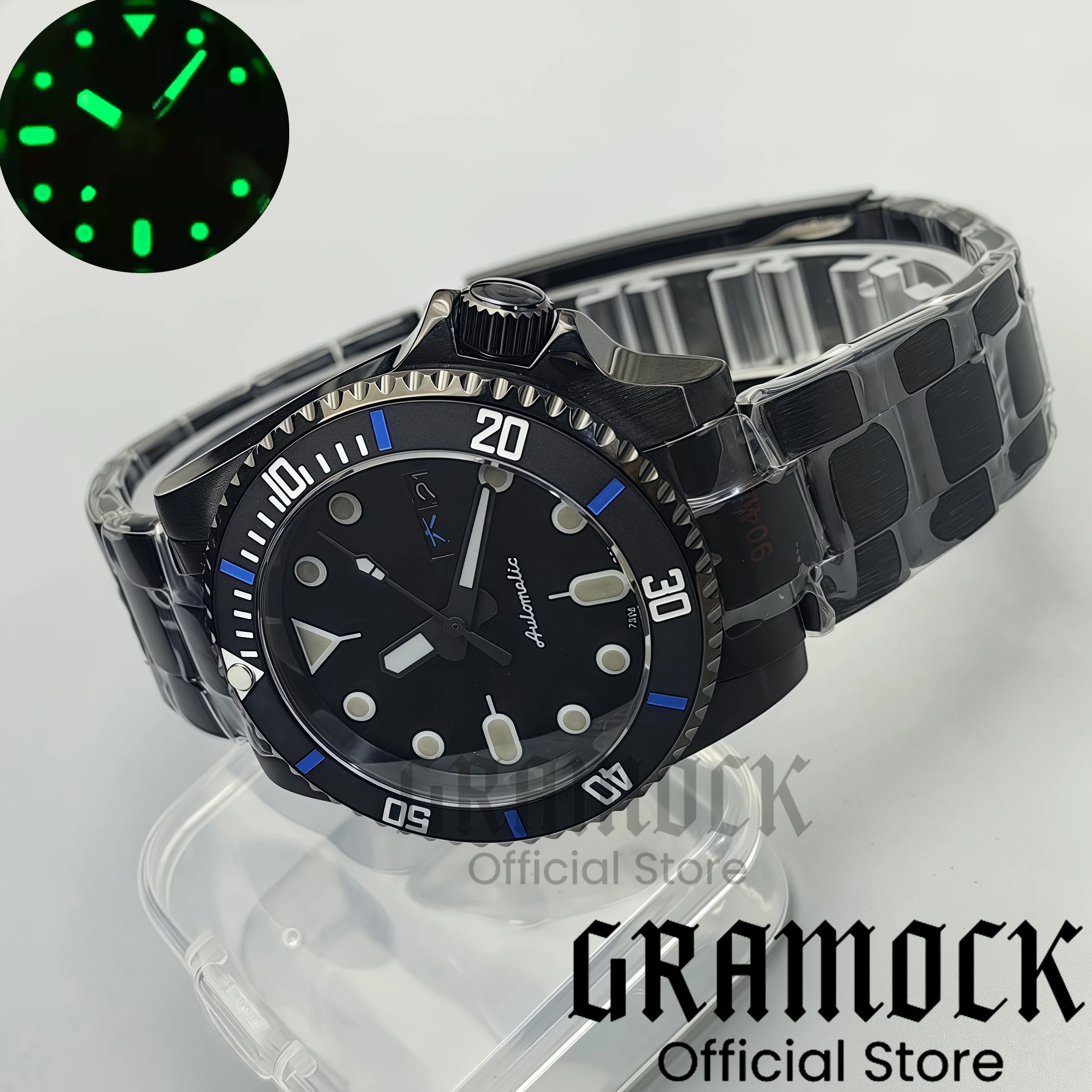 Gramock 40mm Men's Watch 4 o'clock 3.8 Crown NH36 Movement Week-day Display Function Sapphire Glass PVD Case Strap Waterproof