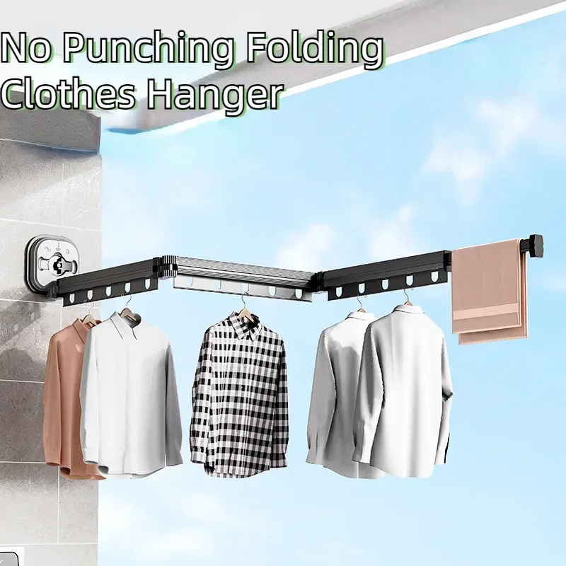 No Punching Folding Clothes Hanger,Aluminum Retractable Drying Rack,Suction Cups Wall Mounted Laundry Organizers for Travel Home