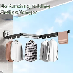 No Punching Folding Clothes Hanger,Aluminum Retractable Drying Rack,Suction Cups Wall Mounted Laundry Organizers for Travel Home