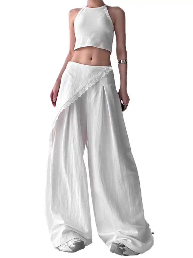 ผู้หญิงสีขาว Baggy Palazzo กางเกงกระโปรง Oversize กางเกง Harajuku ญี่ปุ่น 2000s สไตล์ Y2k Gyaru Vintage กางเกงเสื้อผ้า