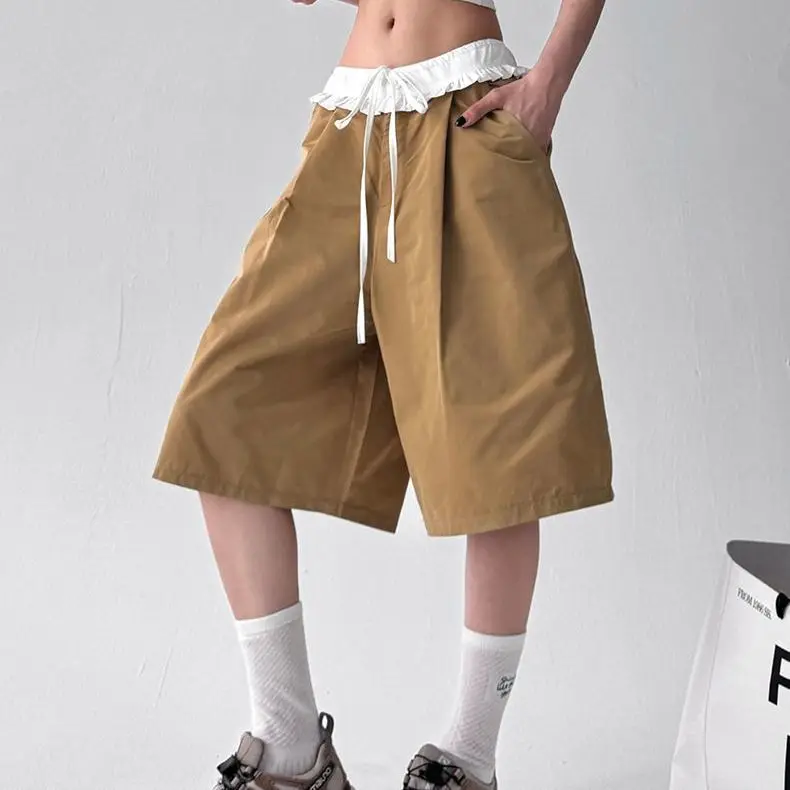 

Summer New Loose Cropped Pants Women's Splicing Waist Contrasting Color Fashion Lace-up Casual Shorts