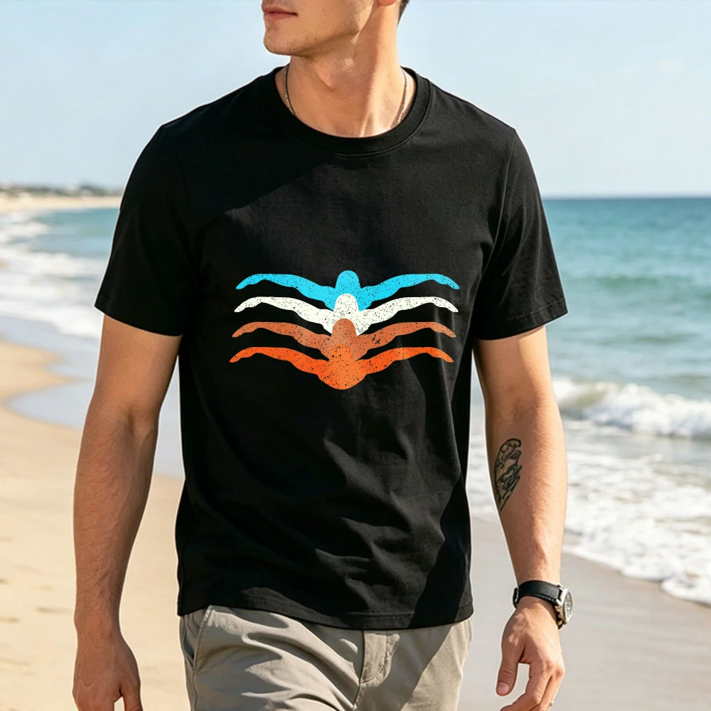 Vintage Multi Color Layer Swimmer Silhouette Striped Graphic Tshirt Unisex Cotton Swimming Pool Athlete Summer Casual Sport Tops