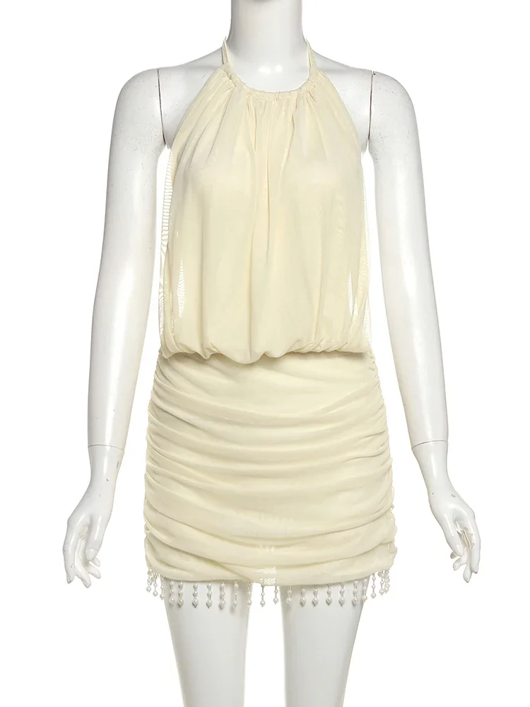 Sexy Mesh Patchwork Mini Dress Women Lace-Up Halter Backless Pearl Tassel Ruched Elegant Midnight Club Party Outfits