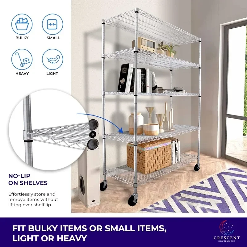 Crescent, Chrome, 48 X 18 X 76, 4000 LBS, Metal Shelves for Storage with Wheels, Ideal for Garage Shelving, 5 Tier Wire Shelving