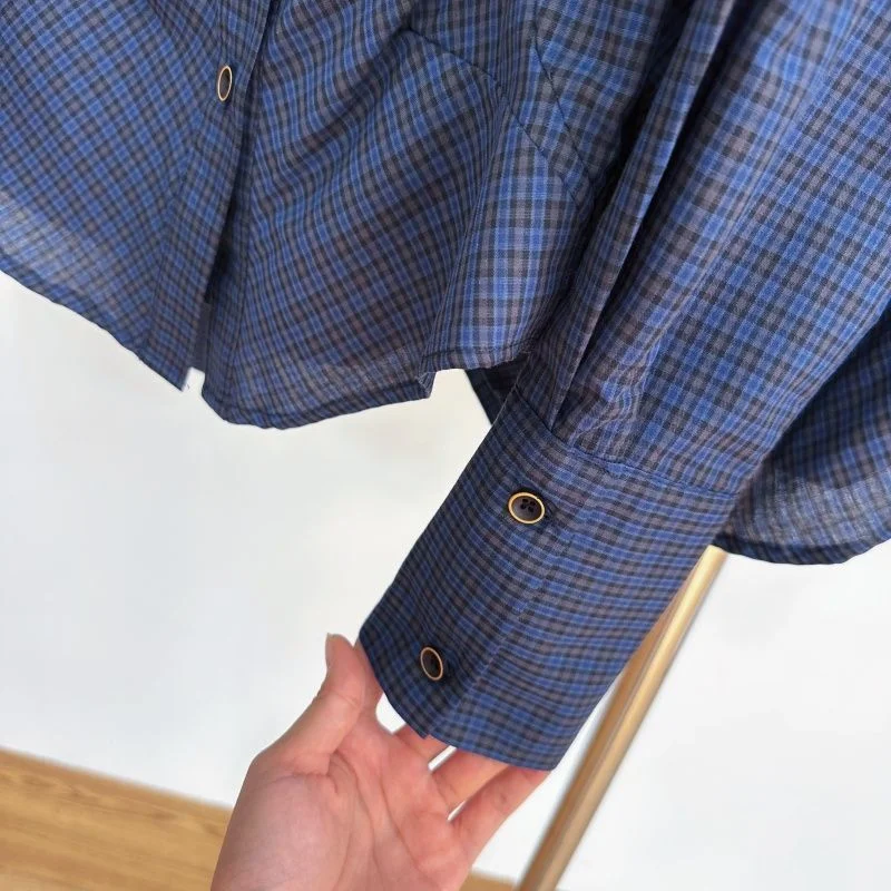 American Retro Lapel Plaid Pinch Waist Long-sleeved Shirt for Women 2025 Autumn New Slim Fit Versatile Top