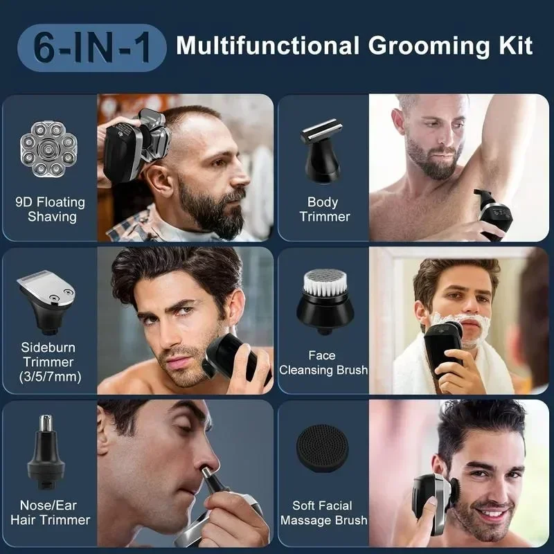 Detachable Razor.6 in 1.Smoother shaving.Suitable for bald men.Wet and dry 9D rotary shaver grooming set.Type-C charger (A)