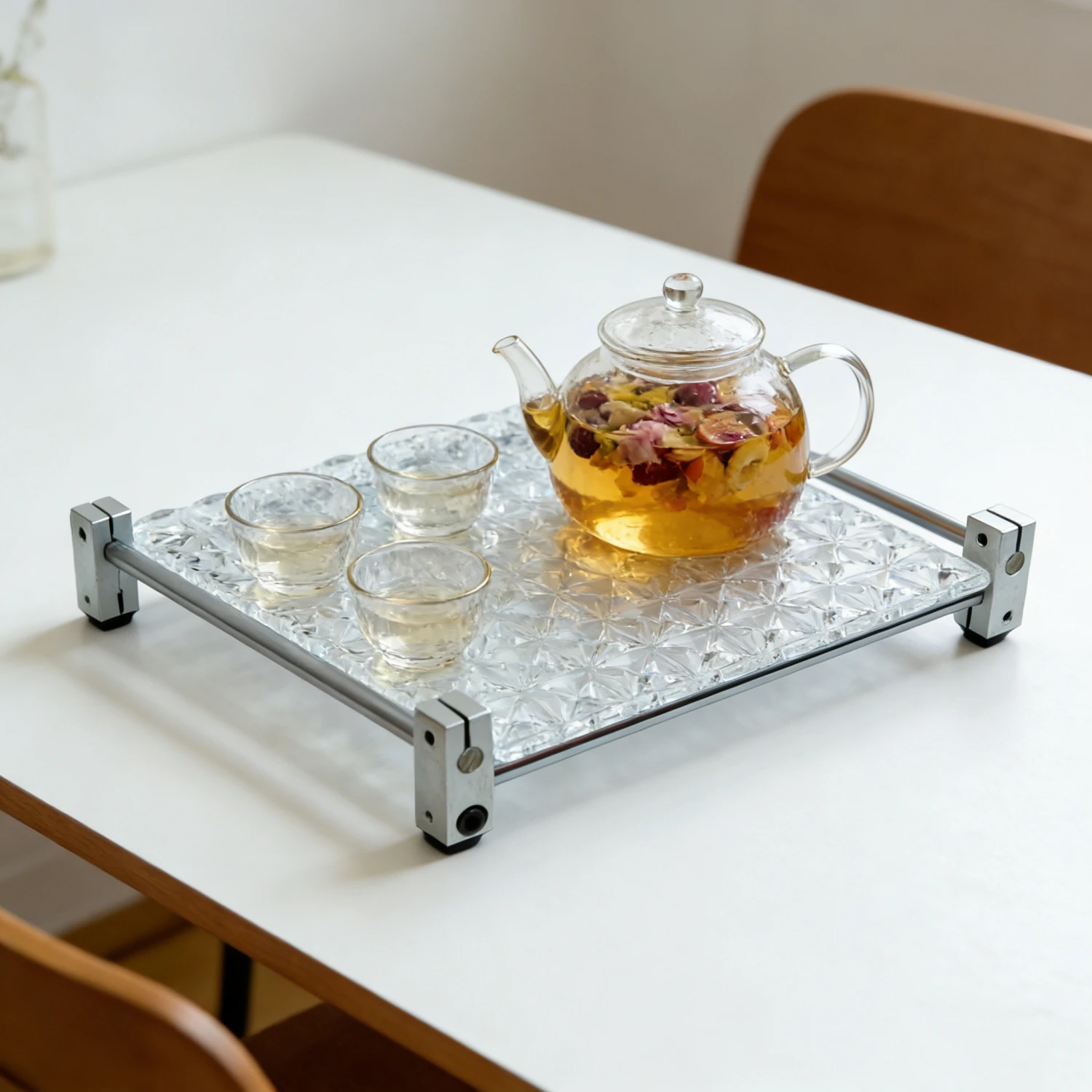 An elegant tray, perfect for displaying delicate items such as perfumes and jewelry; made of glass with a metal hinge.
