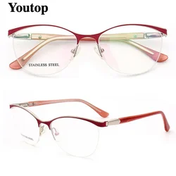 Retro Women Optical Glasses Frame for Women Cat Eye Eyeglass Frame Prescription Metal Spectacles Red Tortoise Half Rim Eyewear