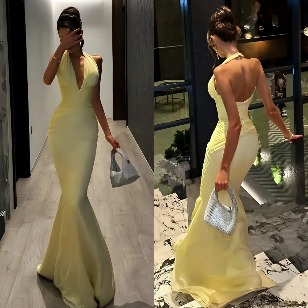 

Customized Fashion Sexy Pleat Ruched Draped Mermaid Halter Long Dresses Bespoke Occasion Dresses High Quality Sizes Available