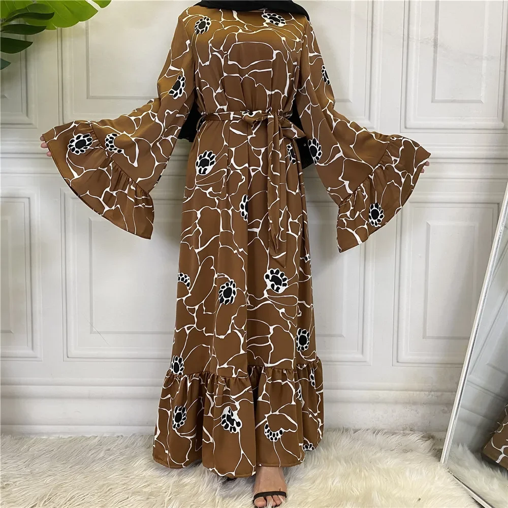 Print Swing Long Dress Muslim Dubai Abaya with Sashes Islam Clothing Dresses for Women Clothes for Muslim Women Long Dresses