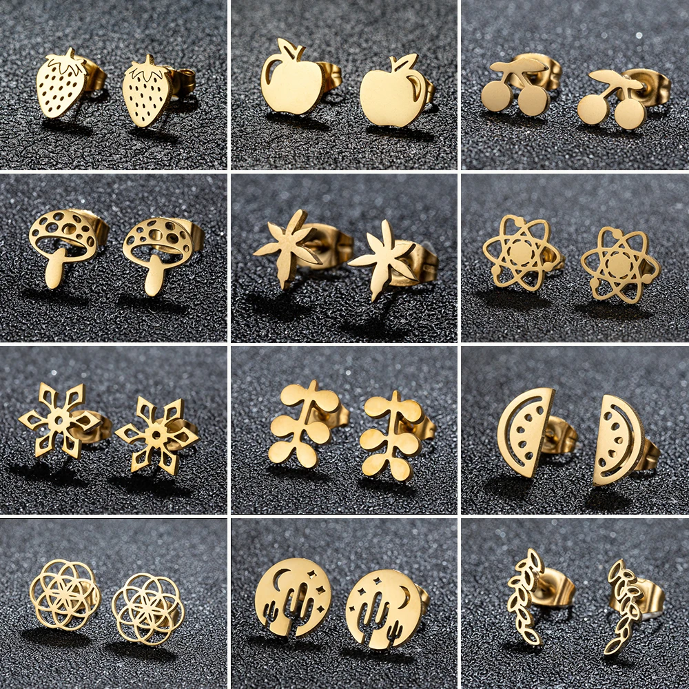 Golden Stainless Steel Small Flower Geometric Earrings For Women Fruit Strawberry Tiny Multiple Stud Earrings Korean Jewelry