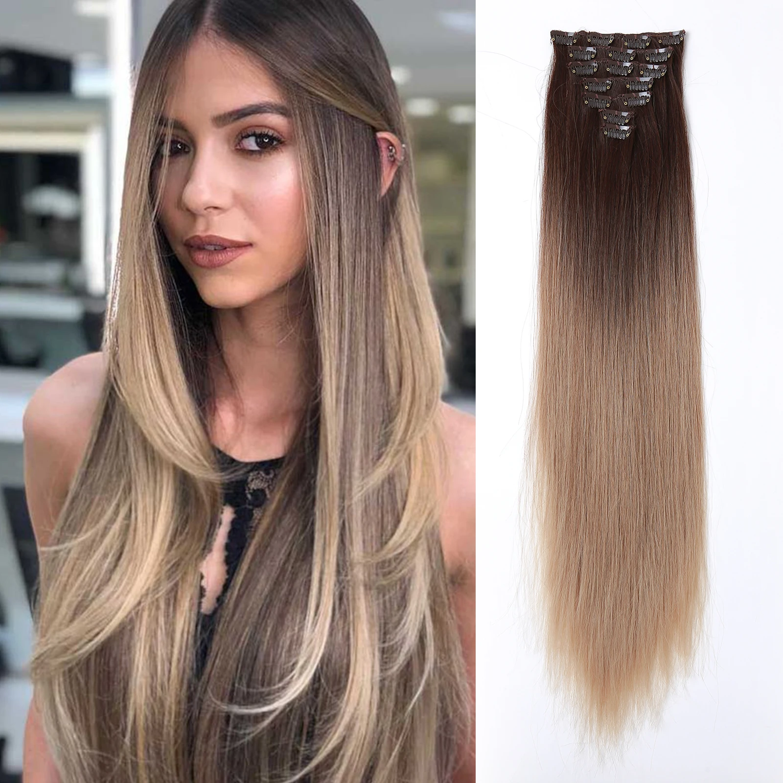 

24" Long Straight Synthetic Hair Extension with Clip 7Pcs/Set Ombre Light Brown Hairpiece Natural Hair for Women Heat Resistant