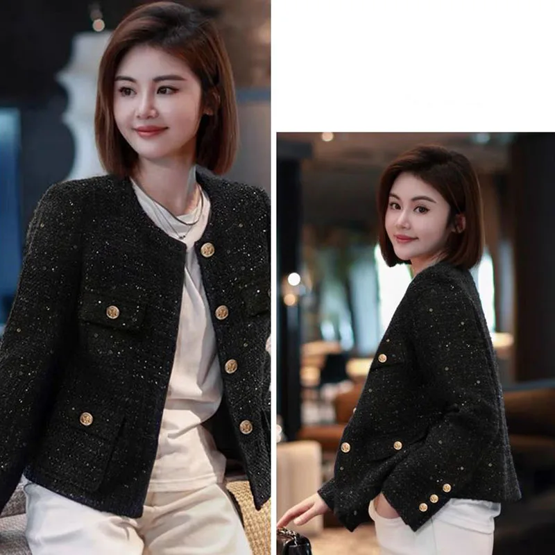 Lucyever Fashion Sequin Short Jacket Women Autumn Winter Korean Chic Single-Breasted Coat Ladies Streetwear Long Sleeve Outwear