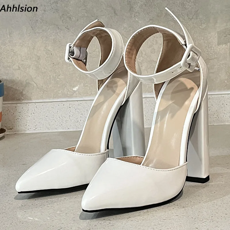 

Ahhlsion, женские весенние туфли-лодочки ручной работы, блестящие туфли на массивном каблуке с острым носком, красивые белые туфли для вечеринок, женские американские большие размеры 5-15