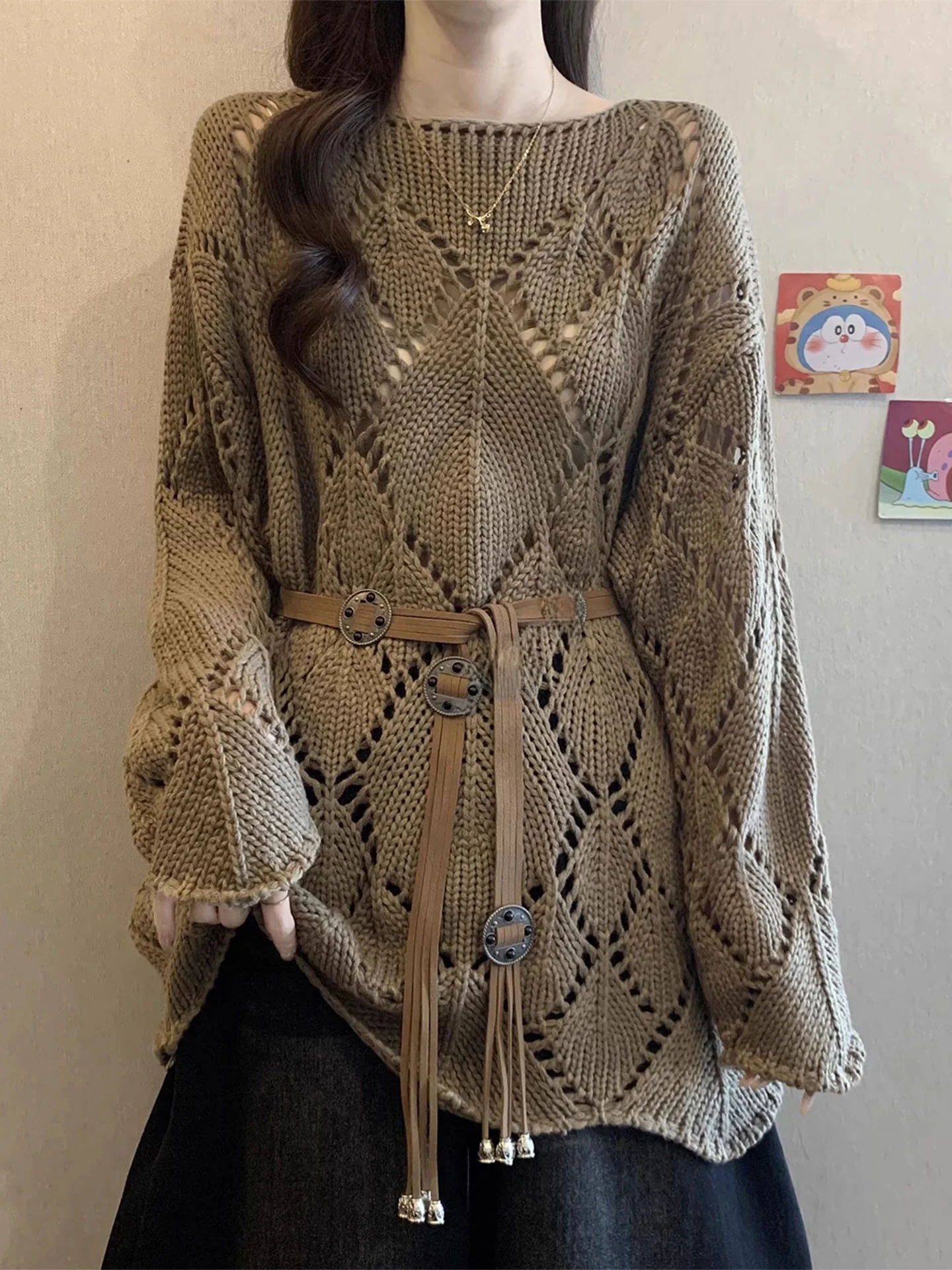 

Women's Knitted Long Sve Sweater Coat Diamond Pattern Hollow out Mid-Length Belted Waist-Cinching Top Spring 2026 plus Size