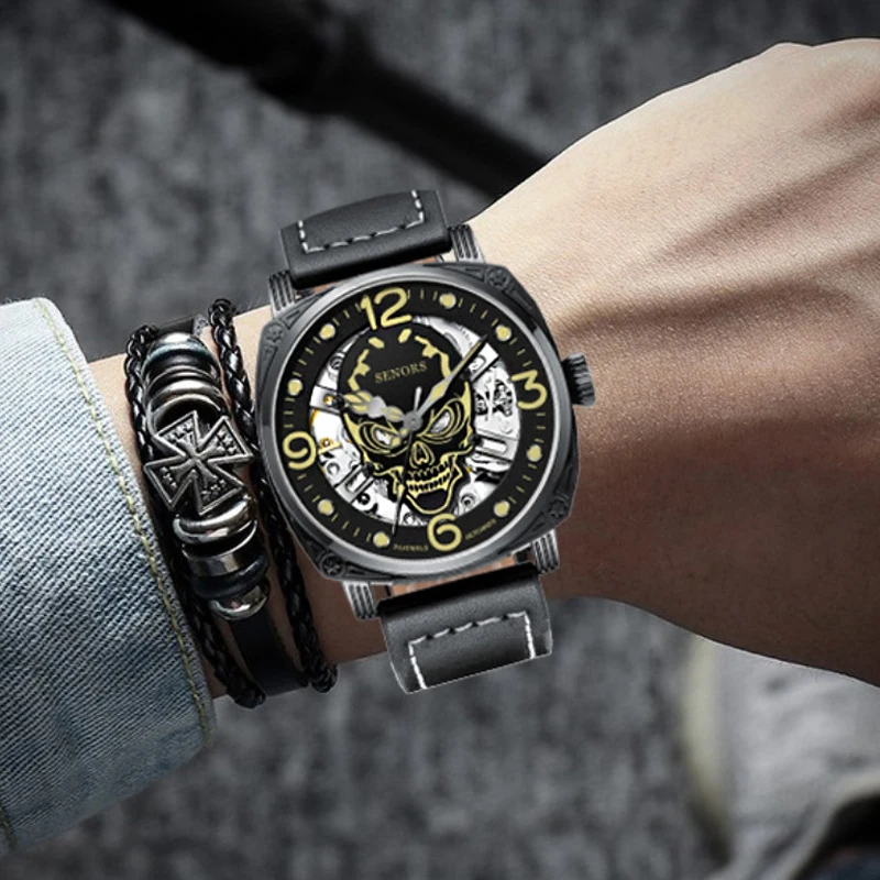 Luminous Skull Men Watch Top Brand Luxury Military Automatic Mechanical Male Clock Sport Waterproof Leather Wristwatch Relogio