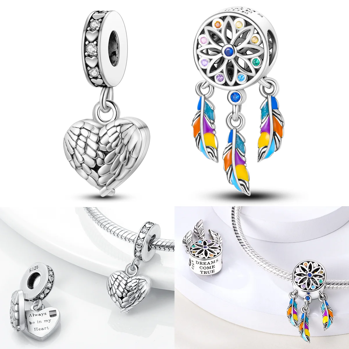 

925 Sterling Silver Love Charms Bead CZ Zircon Romantic Bohemian Dream Catcher Dangle Fit Original Bracelet DIY Women Jewelry