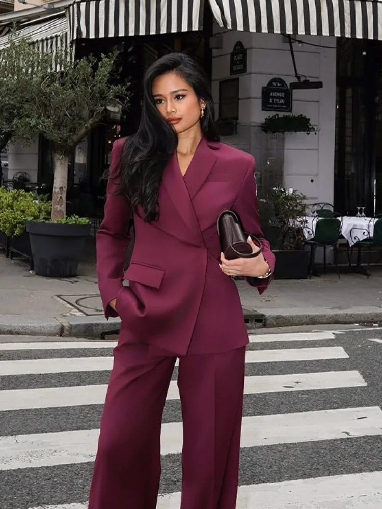 Retro Burgundy Flip Collar High Waist Suit Coat Fashion Solid Color Long Sleeves Pants Set 2025 New Woman Slim Commuter Outfit