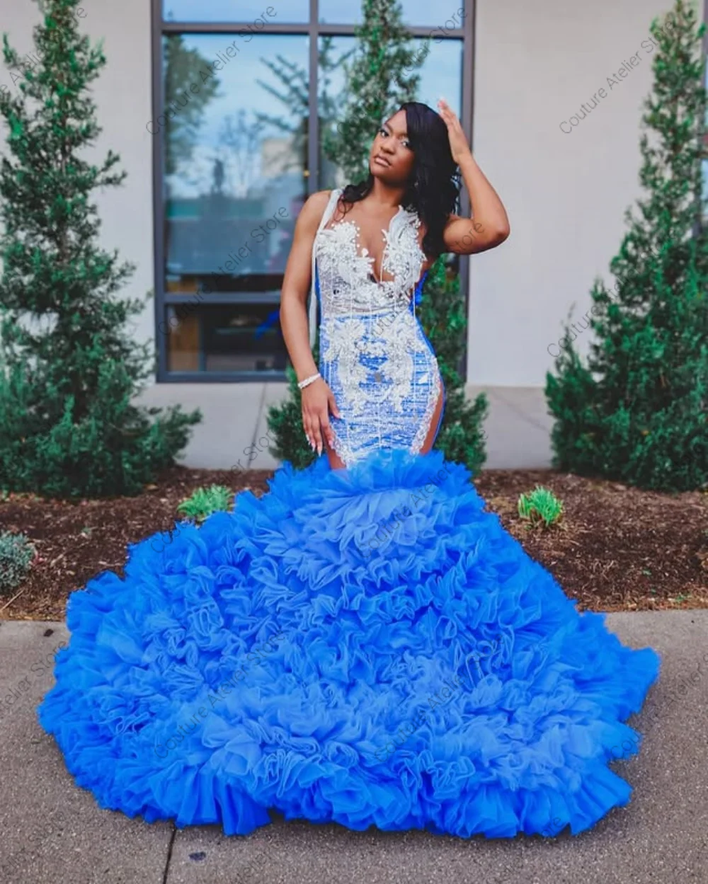 Abito da ballo a sirena con perline di cristallo increspate in tulle blu royal, per San Valentino, abito da compleanno, abito da cocktail per ragazza nera personalizzato