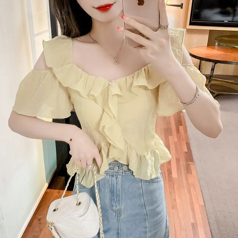 Women's 2024 Summer New V-Neck Spliced Button Fashion Solid Color Slim Minimalist Comfortable Casual Short Sleeve Blouses Shirts