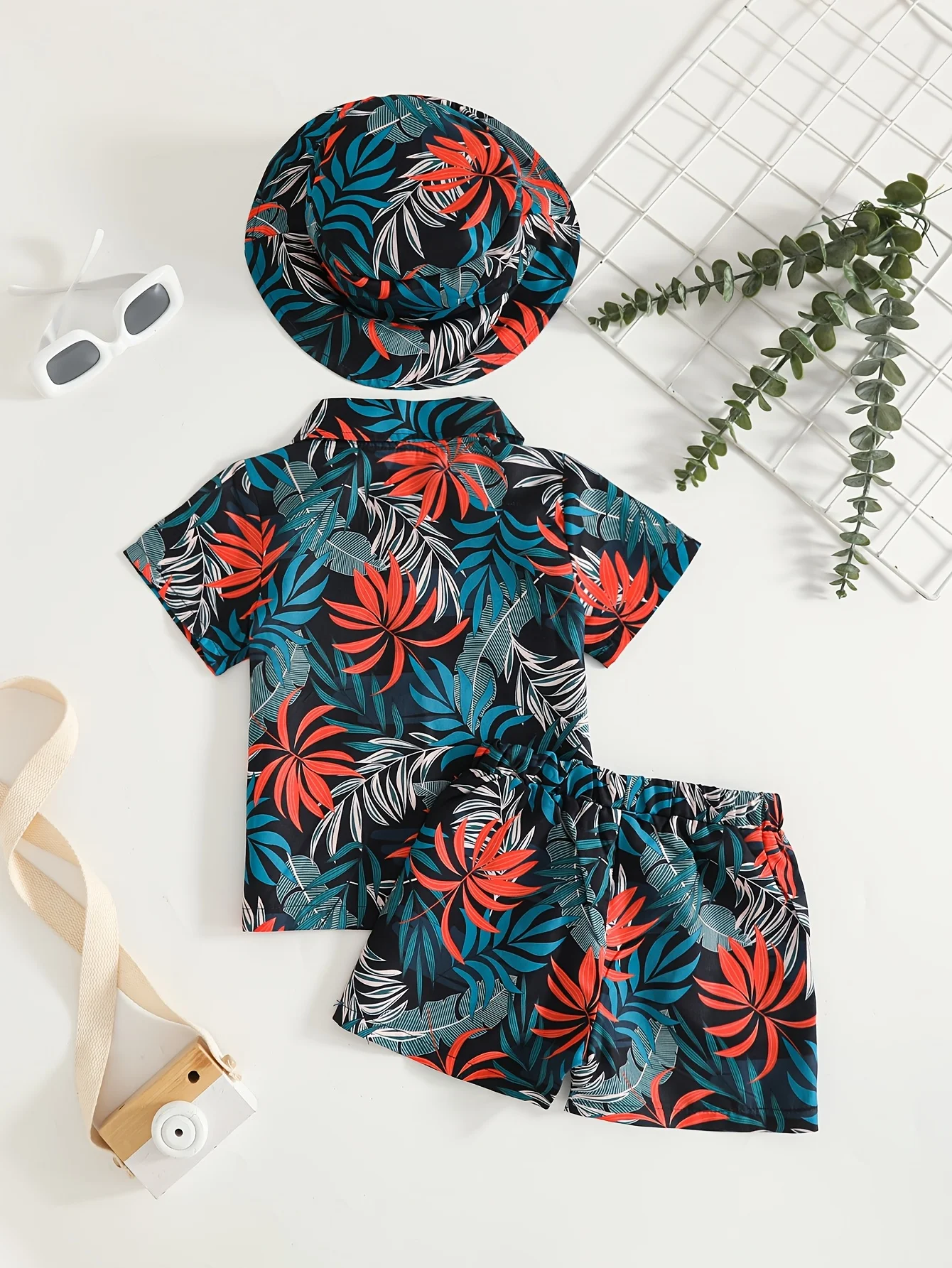 Baby Boy Summer 3PCS Tropical Print Shirt Shorts Hat Set Beach Vacation Outfit