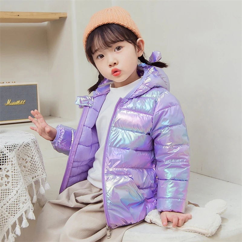 Smooth Surface Fabric Hooded Lightweight Down Jackets Winter Girls Boys Baby Purple Outerwear Kids Autumn Coats Casual Clothing