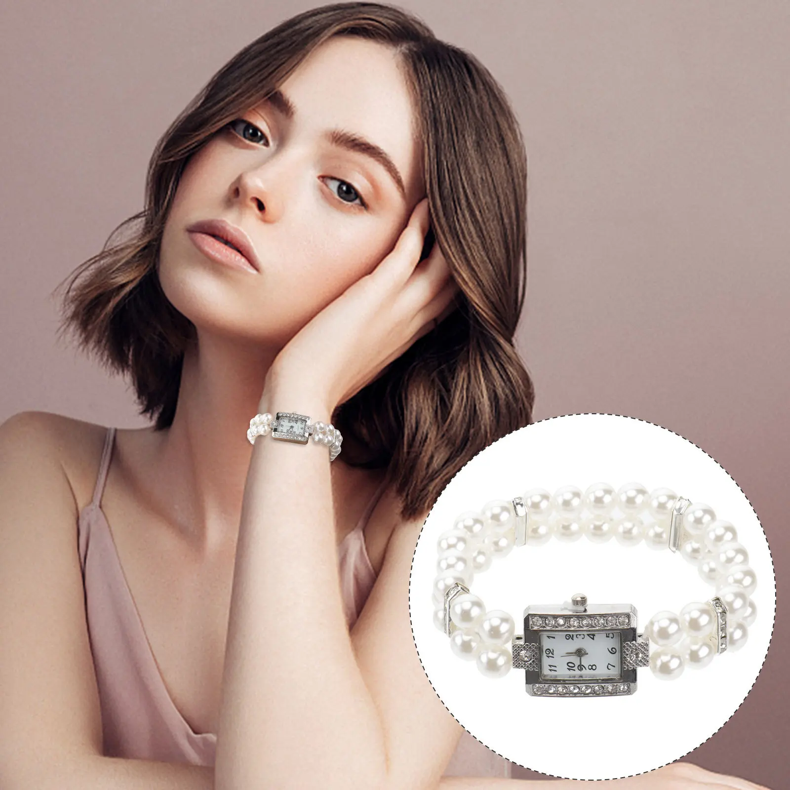 

2Pcs Women Pearl Chain Watch Fashion Casual Quartz Wrist Watch Elegant Classic Style Perfect Gift for Wife Girlfriend Daughter