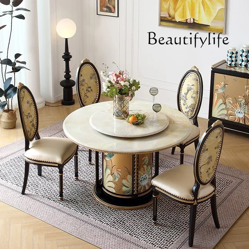 

N French palace style new Chinese solid wood gold painting with turntable marble round dining table table and chairs