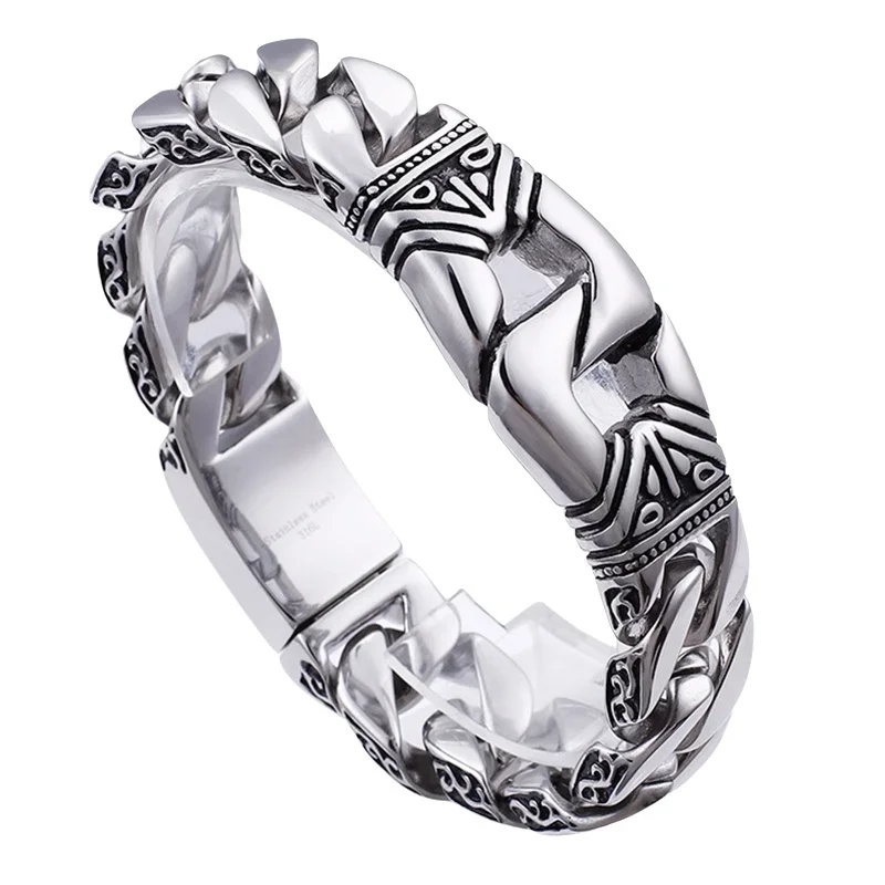 Men's titanium steel bracelets with personalized retro punk style patterns and portrait castings ,featuring decorative borders.