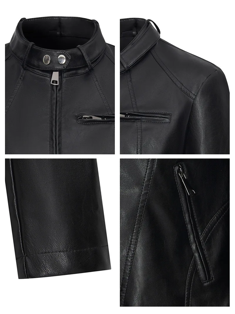 Chaqueta de cuero PU negra a la moda para mujer, abrigo corto con cuello redondo y manga larga con cremallera, prendas de vestir exteriores ajustadas para oficina para otoño