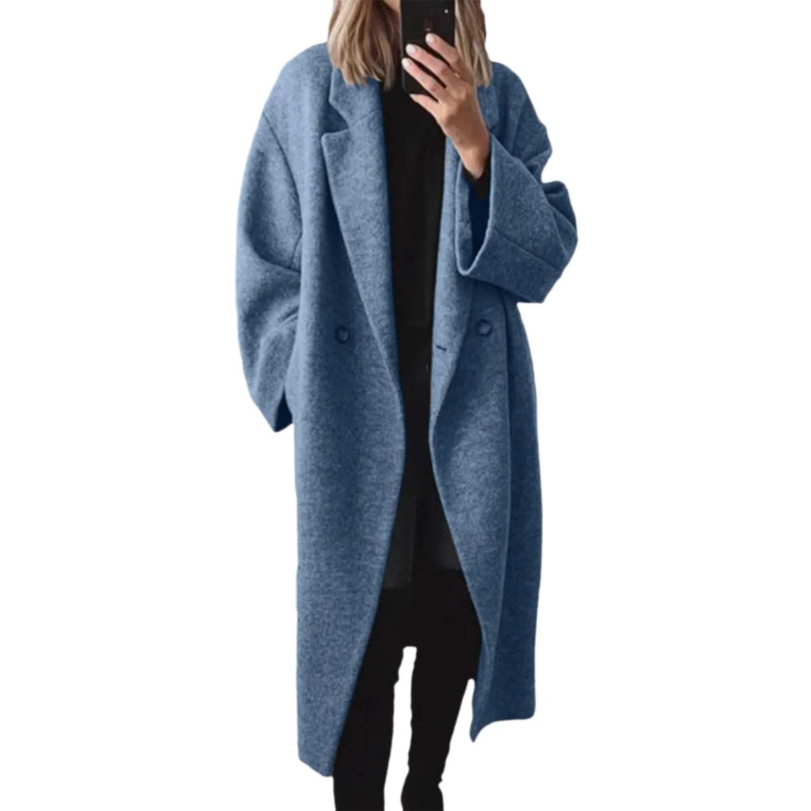 Women's Winter Double Breasted Wool Coat Long Sleeve Notch Lapel Long Trench Coat Womens Dress Jackets Knit Jacket