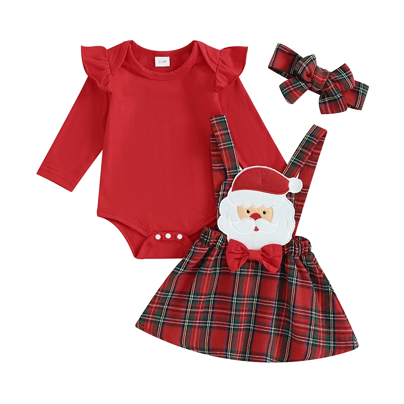 Newborn Baby Girl Christmas Outfits My 1st Christmas Ruffle Long Sleeve Romper Plaid Skirt Fall Winter Clothes