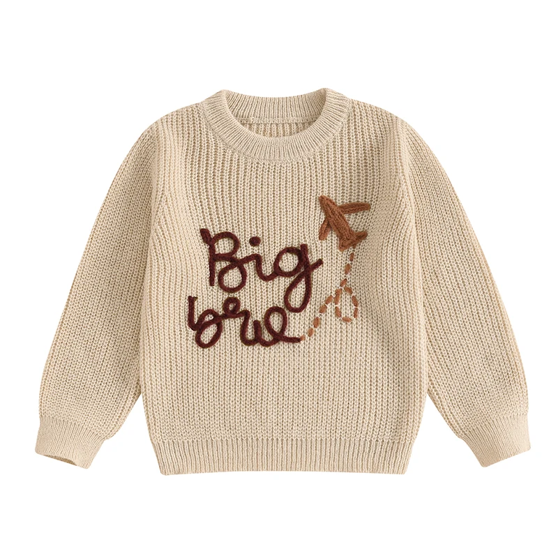 Kids Cable Knit Sweater with Vintage Car Embroidery Round Neck Long Sleeve Pullover for Autumn Winter Fashion