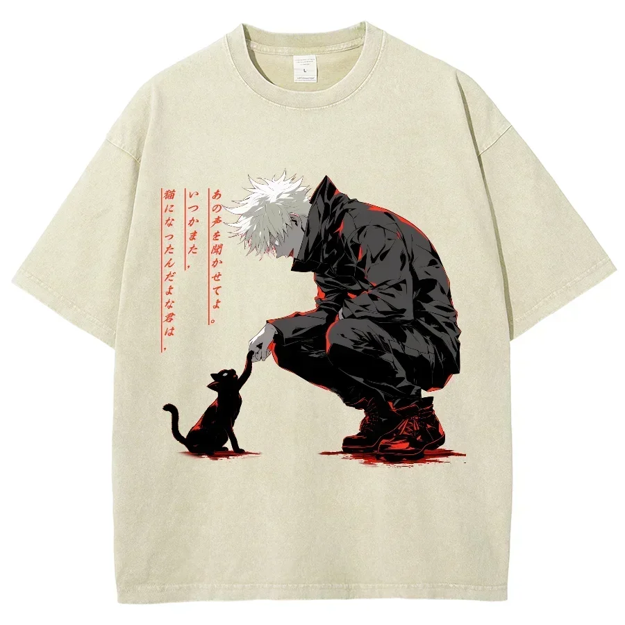 Jujutsu Kaisen Y2K Washed Tshirt, Gojo Satoru And Cat Kitten, Oversized Streetwear Vintage Washed Short T-shirt For Men Women