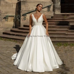 Luxury Beading Satin Wedding Dresses Customized V Neck Sleeveless Sequin Sweep Train Ball Gown Corset Bridal Robe Mariage